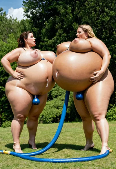 Uma mulher com a maior barriga do mundo estava competindo em um concurso de inflação de barriga, onde duas mulheres com mangueiras em seus rabos inflaram sua barriga a níveis extremos