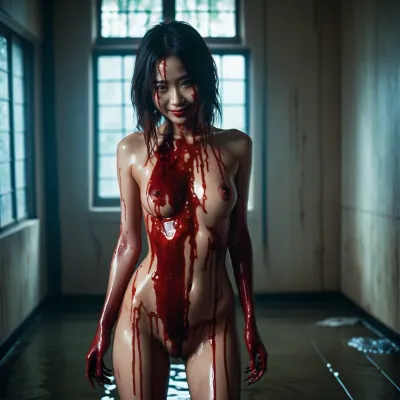 Una ragazza asiatica dagli occhi alti e perfetti con un corpo pieno di sangue stava scattando una foto di se stessa con il suo telefono quando ha sentito un rumore forte e si è girata intorno per vedere un uomo che tiene un coltello. Le sorrise e disse: "Sei tu