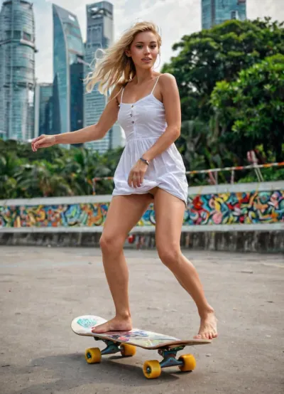 A young woman in her early twenties, with a voluptuous figure and natural blonde hair, was seen dancing on a skateboard in Singapore. She wore a white sundress that showed off her toned legs and athletic build. The camera