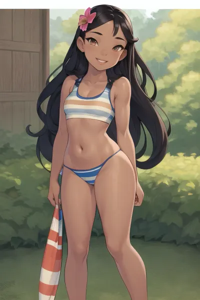 Nani Pelekai, un modèle de maillot de bain en une seule pièce avec des cheveux longs et un corps complet, se tenait haut devant la caméra avec confiance. Elle avait un sourire sexy et son nombril était visible à travers son plateau. Ses cheveux noirs