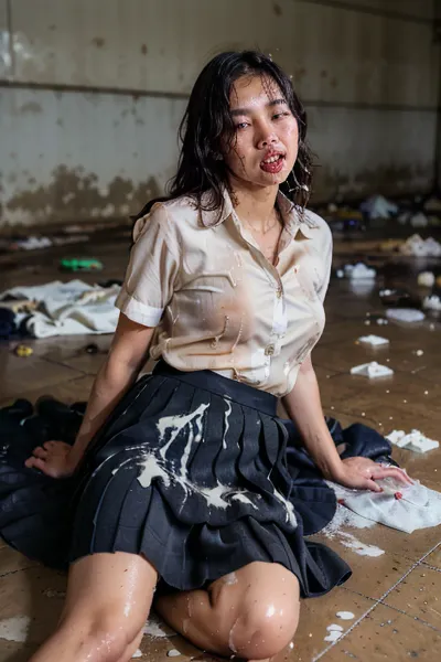 A woman with dirty black hair and a torn skirt lies on the floor, exhausted from having sex with a group of men. Her face is covered in cum stains and her body is covered in sweat. The camera zooms in on her face, showing
