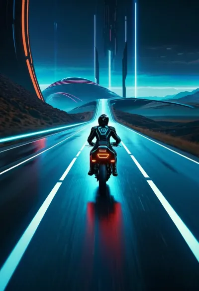 In the world of Tron Legacy, a motorcycle zooms through a landscape like in Tron Legacy. The picture is taken from behind the biker, showing a vast landscape with hills and valleys
