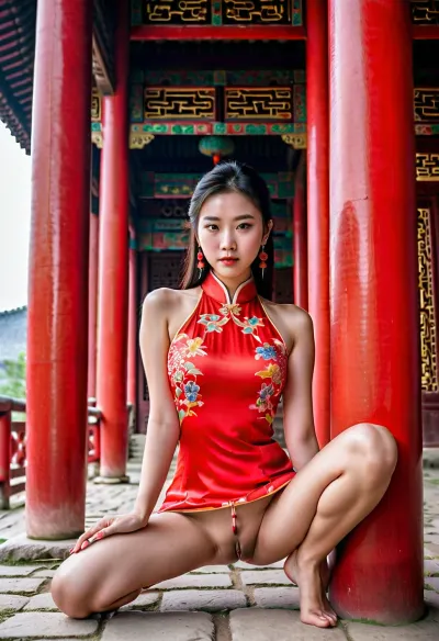A young Chinese woman in a traditional Chinese dress and sitting on a wooden pillar, showing off her long legs, smooth skin, red and white qipao dress, sultry look on her face, inviting viewers to explore more of this stunning woman's