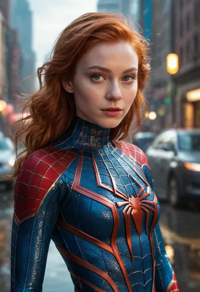 The woman stood in front of a high-quality, fullbody portrait of an alien-themed closeup fullbody portrait of teeny female Spiderman. Her skin was smooth and shiny, with a hint of pink on her cheeks. Her eyes