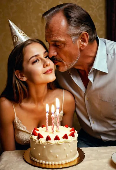 The father brings a cake to his daughter's 20th birthday party, and she is overjoyed. He then takes out a picture of her as a child and kisses her cheek, causing her to blush. The party goes on with everyone