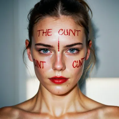 Die Frau auf dem Foto war nackt, ihr Körper bemalt mit einem lebendigen roten Lippenstift. Sie saß auf einer Couch, ihre Beine überquerten und ihre Hände ruhen auf ihrem Schoß. Ihre Augen waren geschlossen und sie hatte einen ruhigen Ausdruck auf ihrem Gesicht