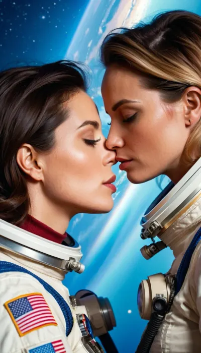 Samantha and Sarah, two lesbian astronauts, explore a planet with lush green forests and crystal clear lakes. They take pictures of each other's bodies while swimming in the lake
