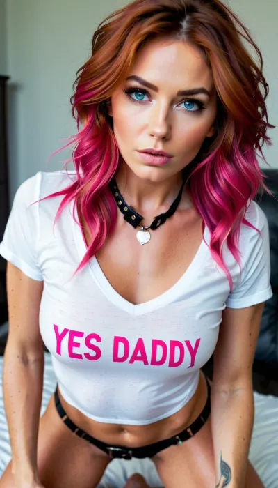 A mulher era um modelo de 25 anos com cabelos longos e olhos azuis. Ela usava uma t-shirt branca com as palavras 'YES DADDY' em strass em seus seios. Seu corpo magro foi perfeito, e