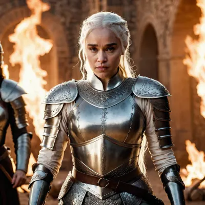 En una armadura con temática de Juego de Tronos, Daenerys Targaryen se encuentra ante la cámara, lista para luchar por su reino