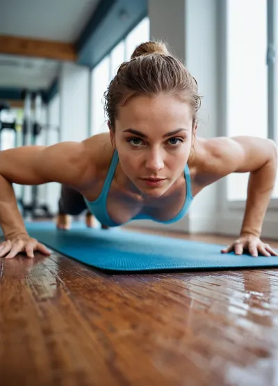 Une femme dans une salle de gym fait des pompes sur un tapis de yoga, avec ses mamelons visibles et sa peau mouillée scintille. Elle est pliée vers le haut, montrant son corps parfait à la caméra. La haute qualité de l'image fait