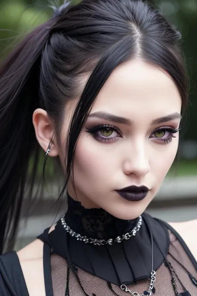 The picture showed a beautiful woman with goth punk outfit and zoom in on her face. She had perfect eyes, elegant hairstyle, and a perfect smile. Her makeup was ultra high res, giving her an air of sophistication