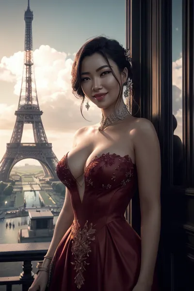 붉은 드레스의 여성은 장 Shuqi의 동상 인 Eiffel Tower의 앞에 서 있습니다. 그녀는 50mm 매우 상세한 CG Unity 8k 벽지와 그녀의 미소를 착용했다. 그녀의 드레스 was intricately