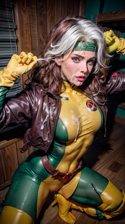 Una donna che indossa una giacca gialla e il trucco tira fuori il suo telefono per scattare una foto dell'uomo con capelli castani e occhi verdi indossando un costume supereroe come si cums sul terreno