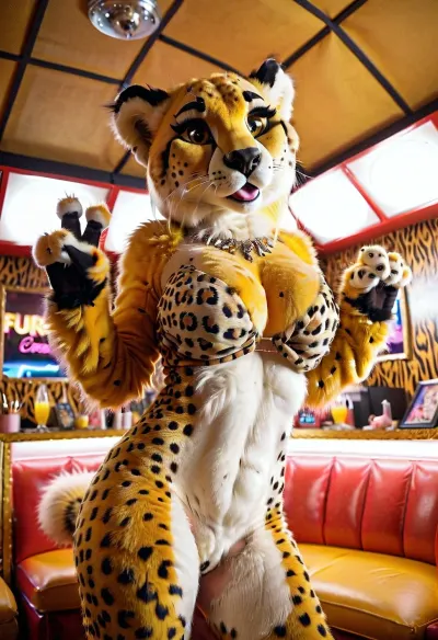 A woman in a furry cheetah female dancing in the peep show booth was wearing a heavy makeup and huge tits. She had a fursuit that made her look like an actual animal, with furry cheetah ears and tail