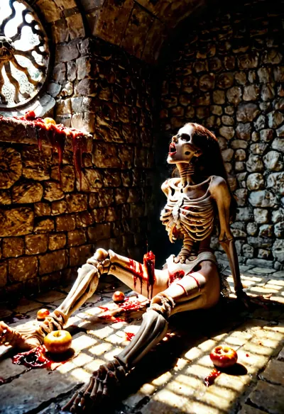 The highly detailed and ultra realistic AI-generated photo realistic masterpiece depicted a skeleton woman looking for food in an eerie basement. Her dead body was illuminated by bright sunlight, and her full body shot revealed the intricate details of her bones. Her mouth was