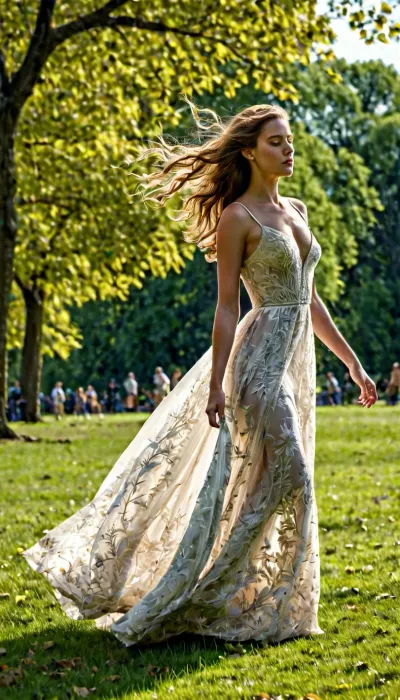 The young girl was doing something in the park, an unexpected gust of wind lifted her hems and revealed her bare legs and feet. She looked down at herself and giggled before covering herself with her hands