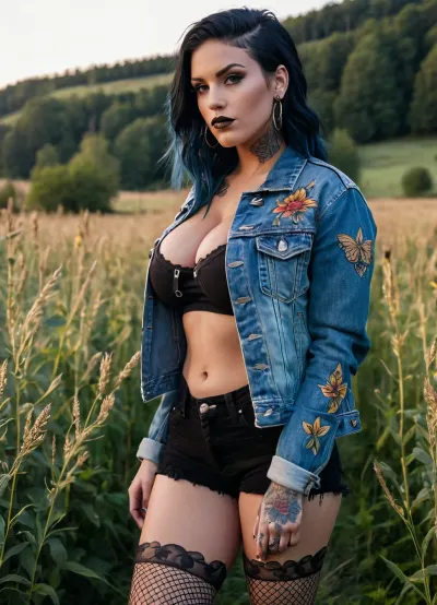 Una mujer en una chaqueta de cuero, con tatuajes en su brazo y con un par de vaqueros denim, se para delante de un hermoso prado con pastos altos balanceándose en el viento. Tiene tetas grandes que son perfectamente visibles