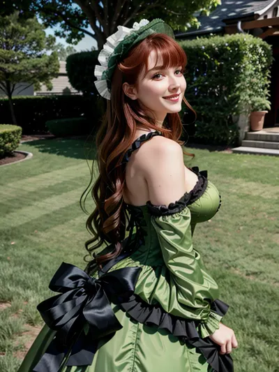 A stunning woman in a 4k picture with full body shot, wearing a corset with long hair and perfect face, showing off her beautiful cleavage and green detailed corset. She has long hair and a perfect face, looking over her shoulder with a