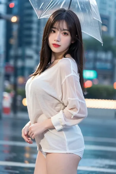 A menina ficou na chuva, seu cabelo rasgando molhado, enquanto ela olhou para a paisagem urbana iluminada por técnicos de iluminação profissional usando tecnologia de radiosidade e mapeamento de fótons para criar sombras realistas e reflexões sobre os edifícios