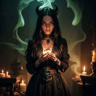 Uma mulher em um roupão preto e verde está na frente de um 8k foto robe assistente realista no chão, segurando uma mão de mulher cabelo escuro longo. Seu rosto é contorcido com concentração, e seu cabelo de castanha está amarrado de volta em