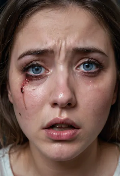 Una chica en una foto se ve llorando y las lágrimas de máscara son visibles en su cara. Lleva maquillaje que ha sido arruinado por las lágrimas. Su cabello está desdichado y se ve aterrorizada. La foto le muestra ser golpeada con un