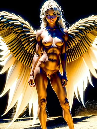 The AI generated a pornographic picture of a pretty girl with full body and wings growing from her shoulders, smiling and having very long hair, perfect lighting, nipple rings, large breasts, natural breasts, platinum blonde hair spread out on the sand
