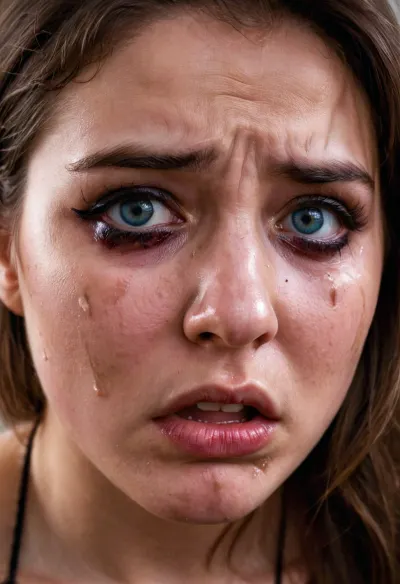 La chica de la foto está aterrorizada y temblando, apretando su teléfono con fuerza mientras mira la foto en la pantalla. Su maquillaje está manchado y las lágrimas de máscara están fluyendo por su cara. Está pidiendo más AI generada porno para ser