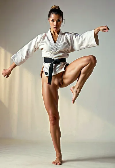 The woman with the black belt in karate was doing a side kick, her legs spread wide open. Her pussy was visible, and she had no panties on. She was sweating profusely and breathing heavily as she continued to train