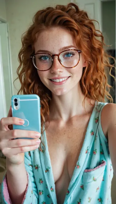 अदरक बालों और freckles के साथ एक सुंदर 18 वर्षीय लड़की अपने दर्पण, टॉपलेस पजामा पर एक सेल्फी ले रही है, और उसके गन्दे बाल तस्वीर के photorealism के लिए कहते हैं। उसकी मुस्कान सरल है,