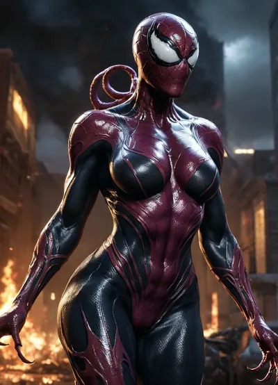 현실적인 예술은 큰 가슴과 8 k 렌더링을 가진 여성 venom symbiote를 묘사합니다. 사진은 현실적이며, 실제 사진처럼 보이는 문자의 미세 질감과 현실적인 세부 사항을 묘사합니다. 그것은