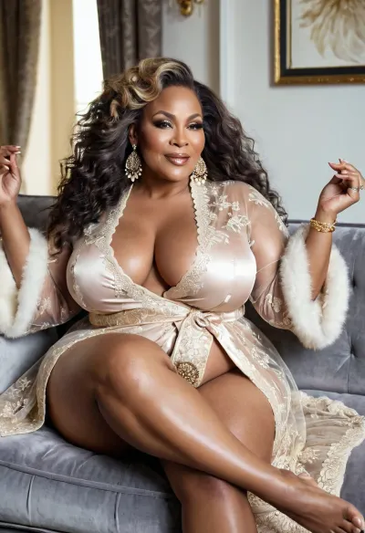 Una donna africana di 50 anni era seduta su un divano con le gambe spalancate, rivelando le sue fitte cosce e grandi glutei. Aveva grosse cosce e grandi glutei, che sono stati accentuati dal petto grosso floppy che era