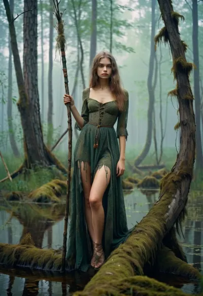 Une jeune sorcière russe a trébuché à travers un marécage imaginaire, griffant une image tachée d'une femme slim bikini et griffant une vieille clé rouillée dans une main. Malgré son aspect fragile, elle était déterminée à trouver la source