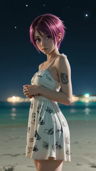 夜晚在沙滩上穿着日装的美少女 被以美丽的动画风格抓获 她的关键视觉模糊了 让她看起来更现实