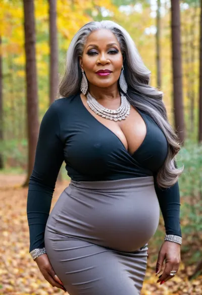 A 50-year-old African woman with a large body, thick thighs, big ass, and long grey hair was captured in a luxurious room with ornate furniture and expensive materials. She had big neckles with diamonds and her makeup was flawless