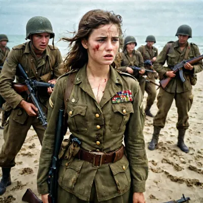 A foto da menina de 18 anos em um uniforme de combate do Exército dos EUA WWII lutando na praia na Normandia é uma poderosa representação visual dos horrores da guerra
