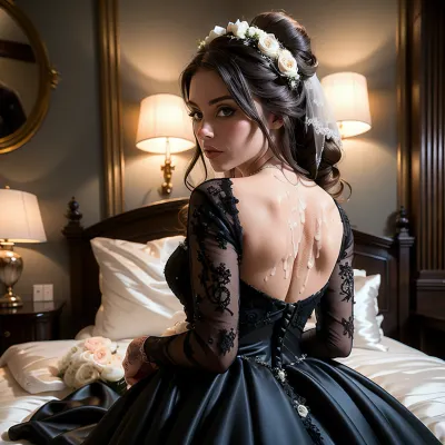 The woman in the wedding dress with big boobs and sexy ass was a 30-year-old Spanish woman who had just married her tall, handsome husband. She wore a sexy black lace and silk wedding dress that hugged every curve of her volupt