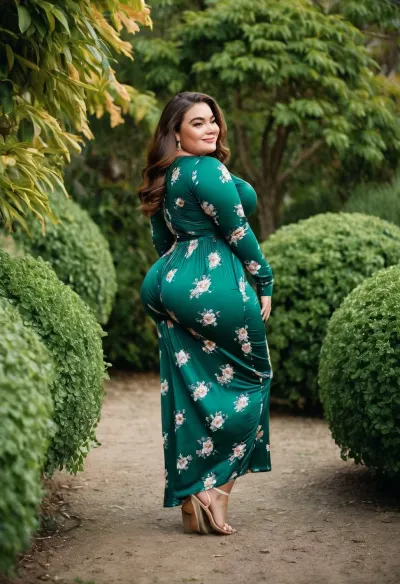 El modelo de enano curvy más tamaño con un muslo gigante y trasero redondo de gran tamaño, con una pose de sonrisa inteligente con alto detalle y ojos realistas. Esmeralda verde grabado floral de manga larga plegada maxi vestido