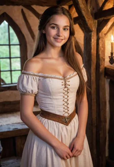 The medieval cabin was dimly lit, with soft lighting casting a warm glow on the girl's face. She had long straight hair that cascaded down her back, and her blush made her look even more beautiful. Her wide smile and narrow hips
