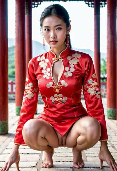 The young Chinese woman in the picture is wearing a traditional Chinese dress and sitting on a wooden pillar. She has long legs, smooth skin, and high definition. Her hair is pulled up in a bun, revealing her cute face. She is looking at