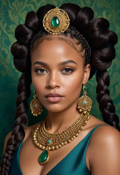 Una mujer negra regiosa adornada con nudos bantu intrincados y elegantes trenzas, reimaginadas en el estilo opulento de una reina francesa del siglo XVII