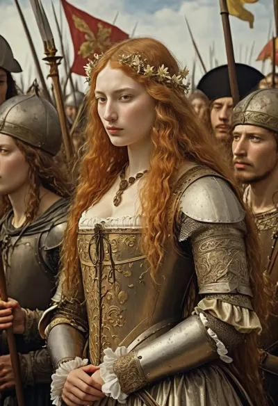 The Maid of Orléans, a fragile girl with delicate features and a white flag emblazoned with the image of lilies, led her soldiers into battle. They marched through the streets of Paris, their armor clanking and their swords