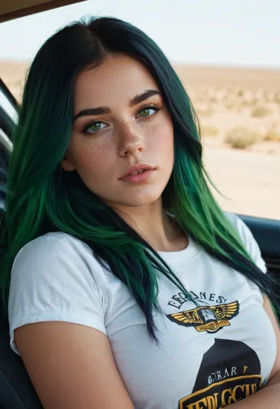 The artist's name was displayed on the black shirt of the multicolored-haired girl with piercings and long hair, who was standing alone in the parking lot. She had a black shirt on and was wearing lipstick, and her eyes