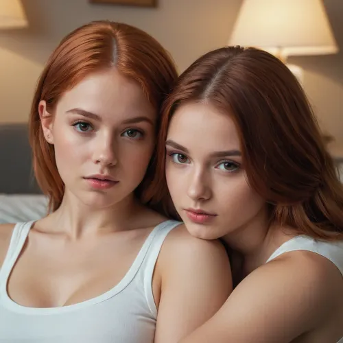 The two girls were in a bedroom, and the red-headed girl was on her knees licking the brunette's pussy. The brunette had a petite frame with smooth skin and small tits. She was laying back on the bed, enjoying