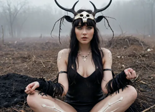 A beautiful naked woman with long black hair and large breasts posed naked in front of a pile of animal skulls. She had full view of her slender Norse body and her 34k cup breasts. Her vagina was plump and plump lips were