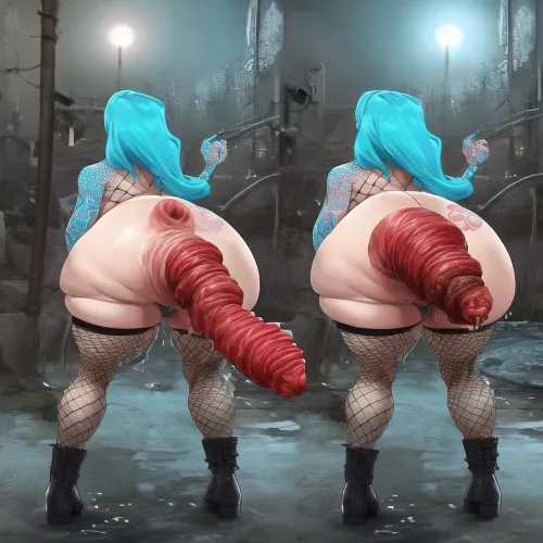 30 yaşındaki bimbo kalın vücut ve turquoise saçları çok gerçekçi anal beads, boşluk ve geniş bir prolap geçirdi. O, görünüşü tamamlamak için balıkları ile siyah bir bot giyiyordu