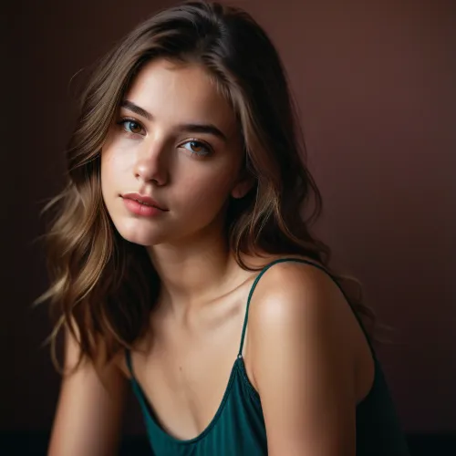 A professional photographer used a Fujifilm XT3 camera to capture the simple background photo of the beautiful 18-year-old girl, using high quality portrait mode to add a soft lighting effect and 8k uhd quality