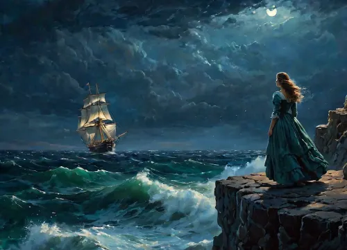 The girl in tattered and torn medieval ragged dress stood on the high cliff above the sea, looking out to sea. She was staring at a sinking ship on the horizon, which was being battered by high winds and waves. The stormy sea