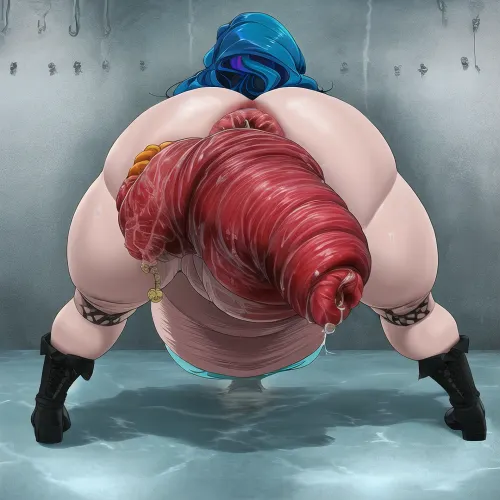 A woman with a gaping, turquoise-haired pussy and a huge fake belly is the perfect subject for a pornographic video. She has large breasts that are made of silicone and they jiggle as she moves around the room. Her