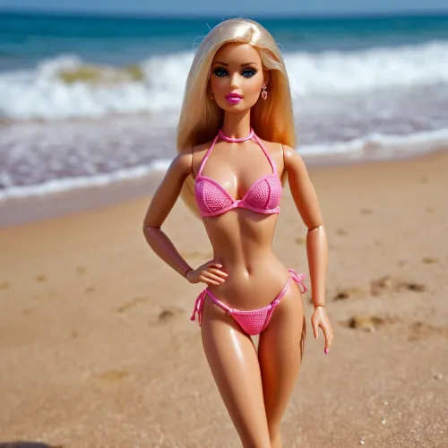 Ein qualitativ hochwertiges AI-generiertes Bild einer realistischen Puppe mit Vollkörperporträt, Haut aus hochwertigem Kunststoff und Lippen, die aus echter menschlicher Haut entstanden sind, ist Barbie Puppes Bikini so realistisch, dass sie so aussieht, als könnte sie leben