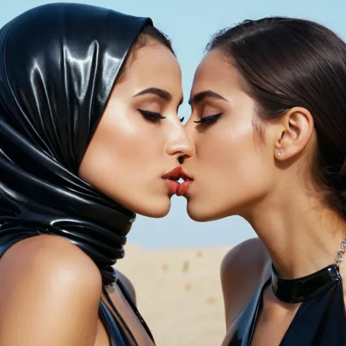 黒いラテックスハイジャブの2人の女性が情熱的にお互いにキスをし、彼らの体は互いに絡み合い、そのキスは写真が生活に来る